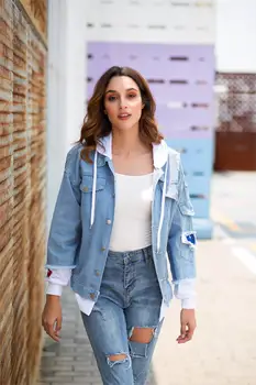 

Fashion Frayed Ripped Hole Denim Jacket Men Women Fashion Hooded Denim Jacket Streetwear Vintage Basic billie eilish Jean Jacket