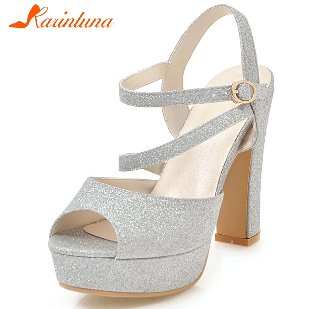 

Karinluna 2020 New Fashion Sequined Cloth Party Shoes Woman Sandals Female Platform Chunky High Heels Buckle Strap Sandals Women
