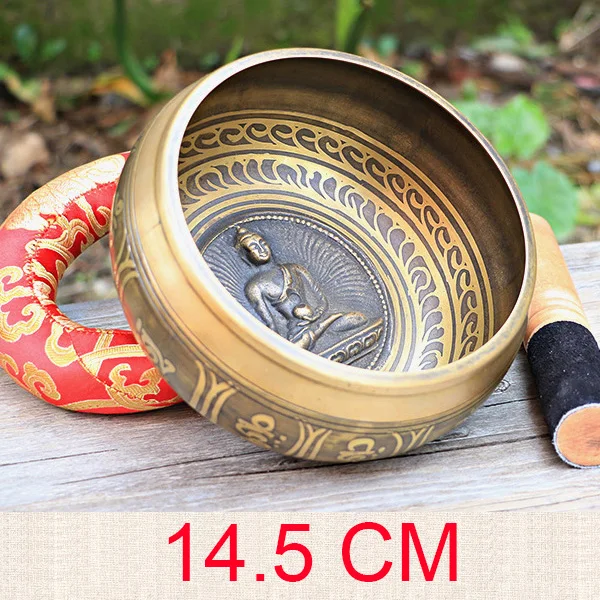 Sakyamuni 14.5CM Бесшумная тибетская Поющая чаша набор античный дизайн с двойной поверхностью молоток и шелковая подушка способствует миру, чакра целин - Цвет: Sakyamuni 14.5CM