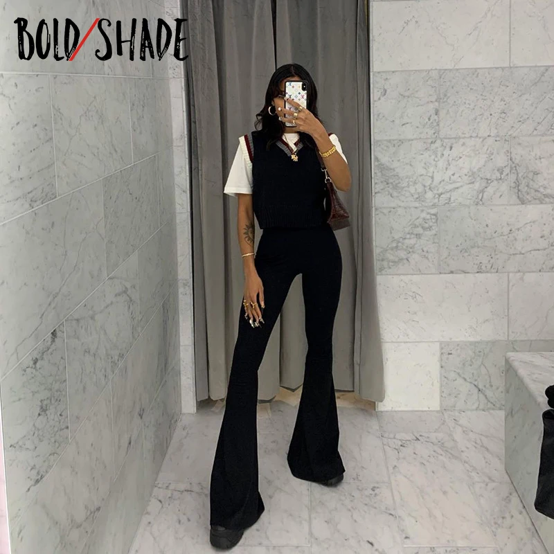 Bold Shade Grunge 90s Urban Style Boot Cut Pants High Waist Black Vintage Skinny Pants Fashion Indie Casual For Women Trousers vuori joggers