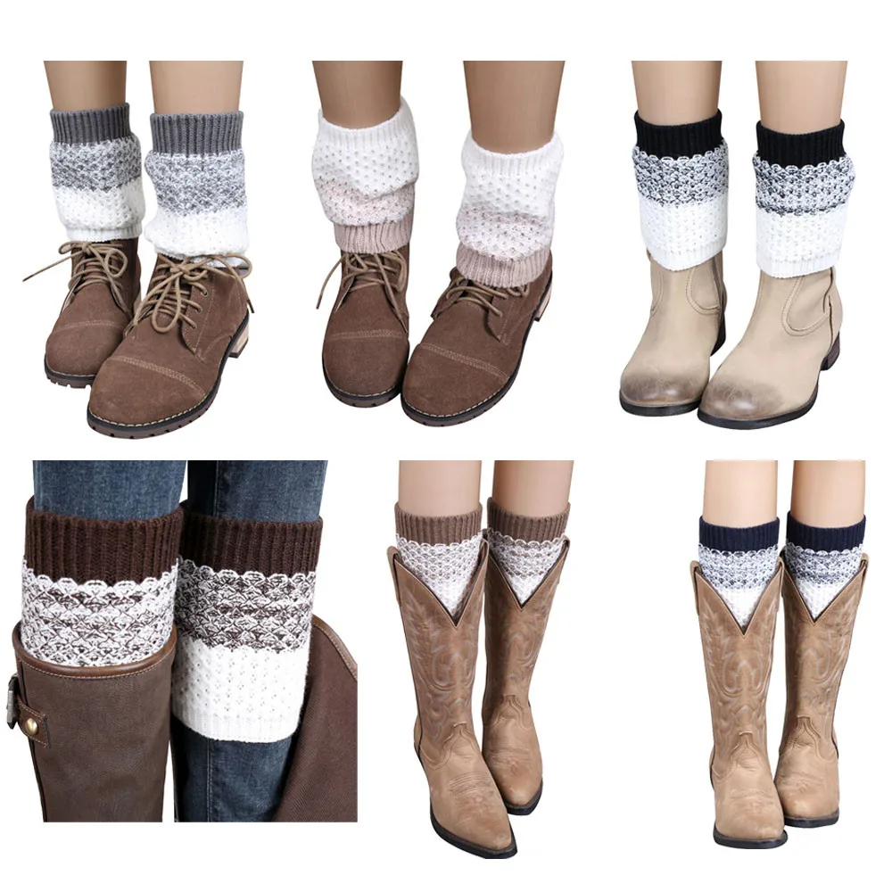 

2019 Women Winter Fashion Crochet Knitted Socks Leg Warmer Socks Straight Tube Lace Button Trim Boot Cover