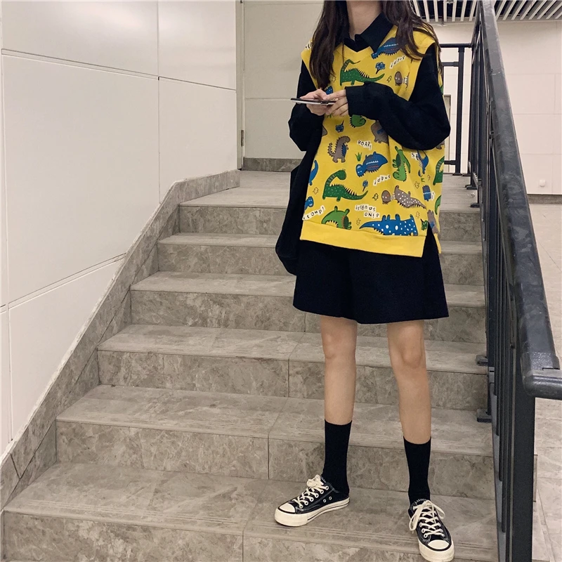 Woherb Женский вязаный жилет с v-образным вырезом Harajuku Kawaii с рисунком динозавра Женский Повседневный безрукавный вязаный жилет