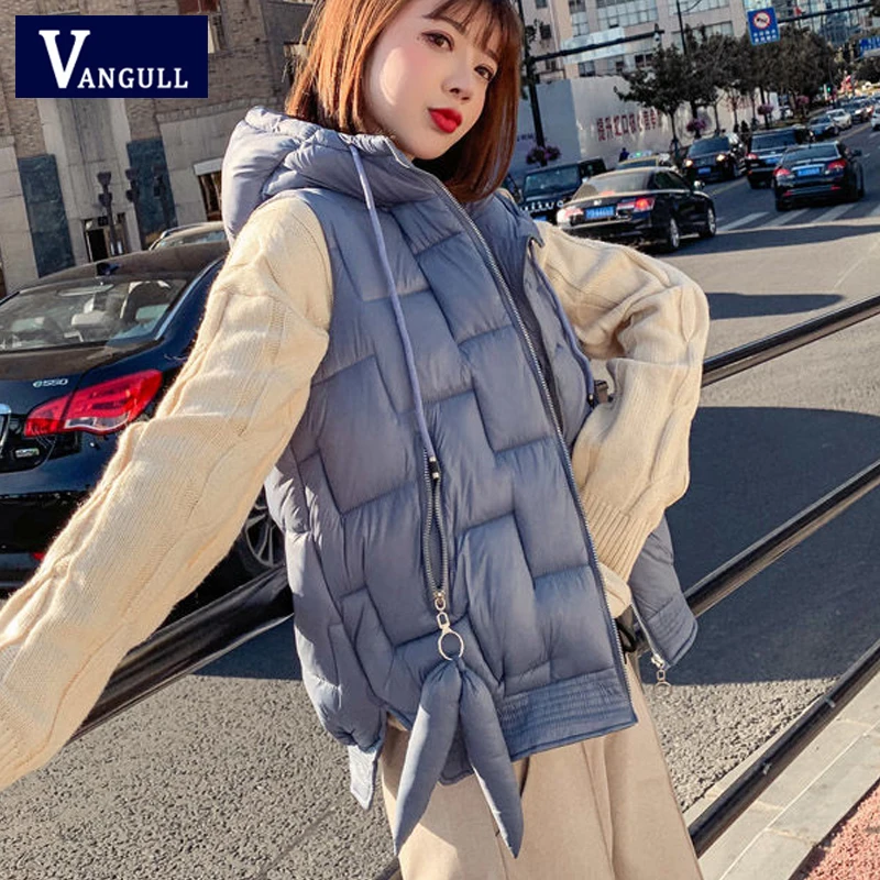 Blue Vangull женский жилет Зимняя верхняя одежда однотонные хлопковые Жилеты с капюшоном без рукавов осень теплый жилет на молнии Плюс Размер Свободный женский жилет - Цвет: Blue
