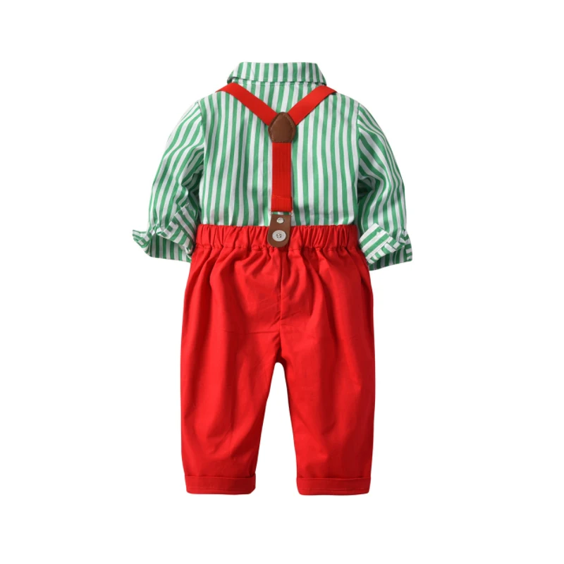 Рождественский костюм красного и зеленого цвета для детей 1-3 лет, рубашка в полоску с принтом для мальчиков, галстук-бабочка, подтяжки, костюм из 2 предметов