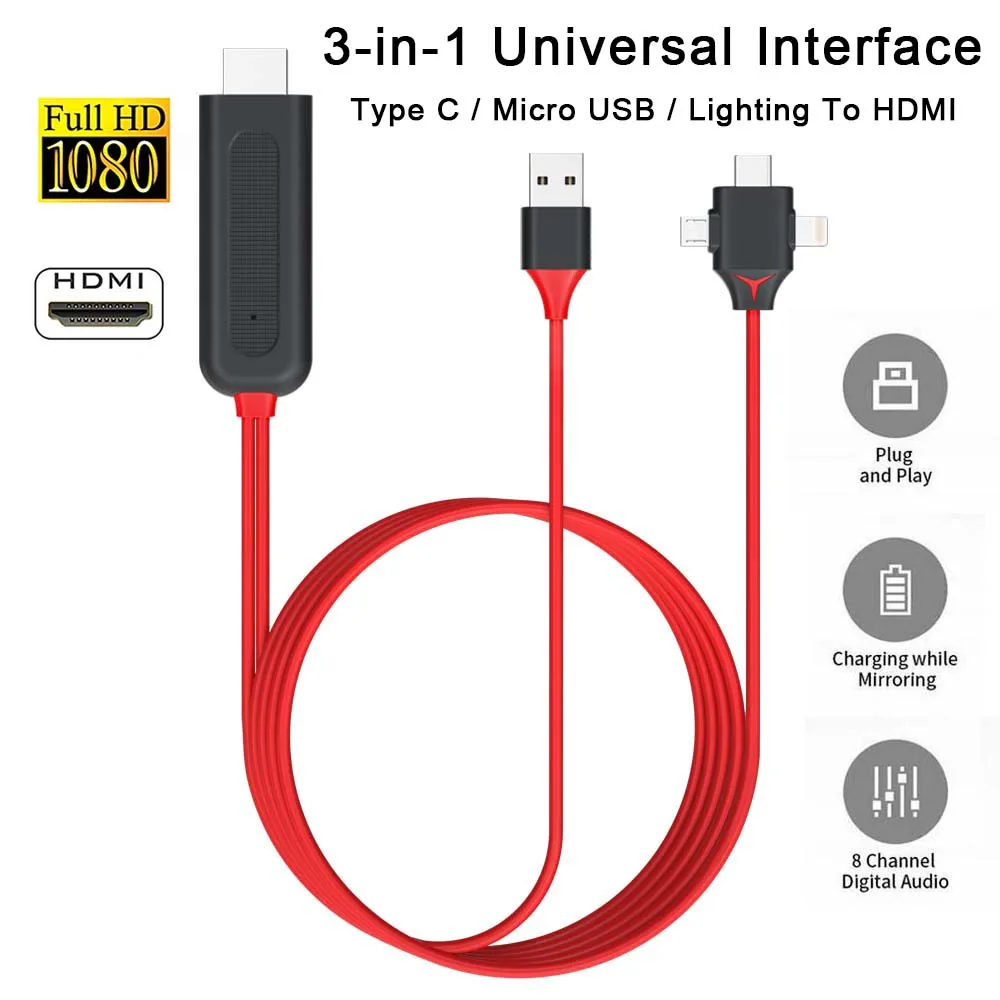 3 IN 1 Converter Adapter Mirror Cast MHL Cable Micro USB Type C lightning to HDMI for iPhone iPad Android Phone TV Projector | Электроника