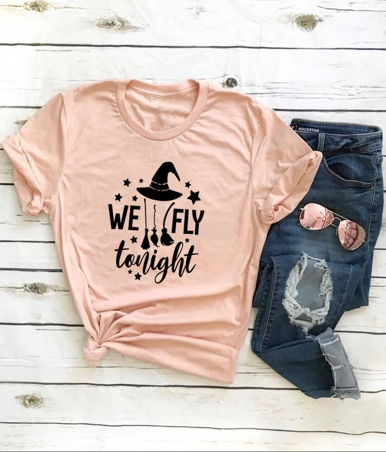 We Fly Tonight Graphic Printed New Arrival Women's Summer Funny 100%Cotton T-Shirt Halloween Shirt Witches Tees Basic Witch | Женская