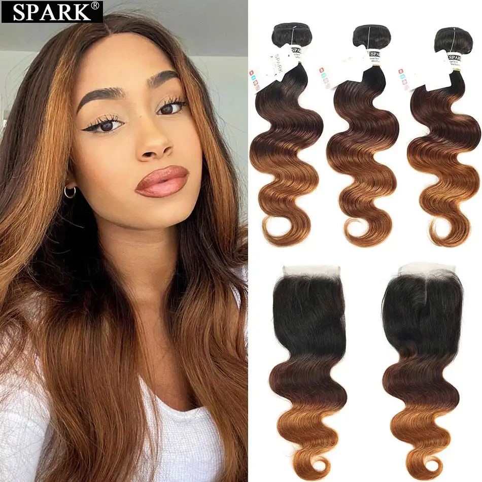 Ombre Body Wave Bundles With Closure Brazilian Human Hair Weave Bundles With Closure Remy Hair Extension 3 Bundles With Closure