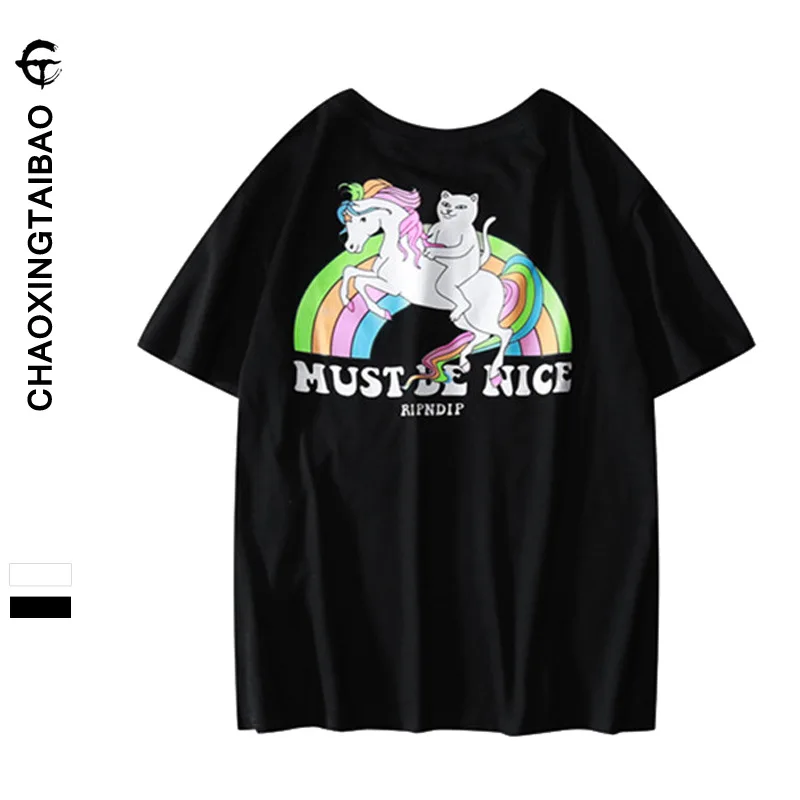 

New Style Popular Brand Ripndip Short Sleeve Women's Cheap Cat Couples Pocket Cat T-shirt Men's Rainbow Unicorn Middle Finger Ca