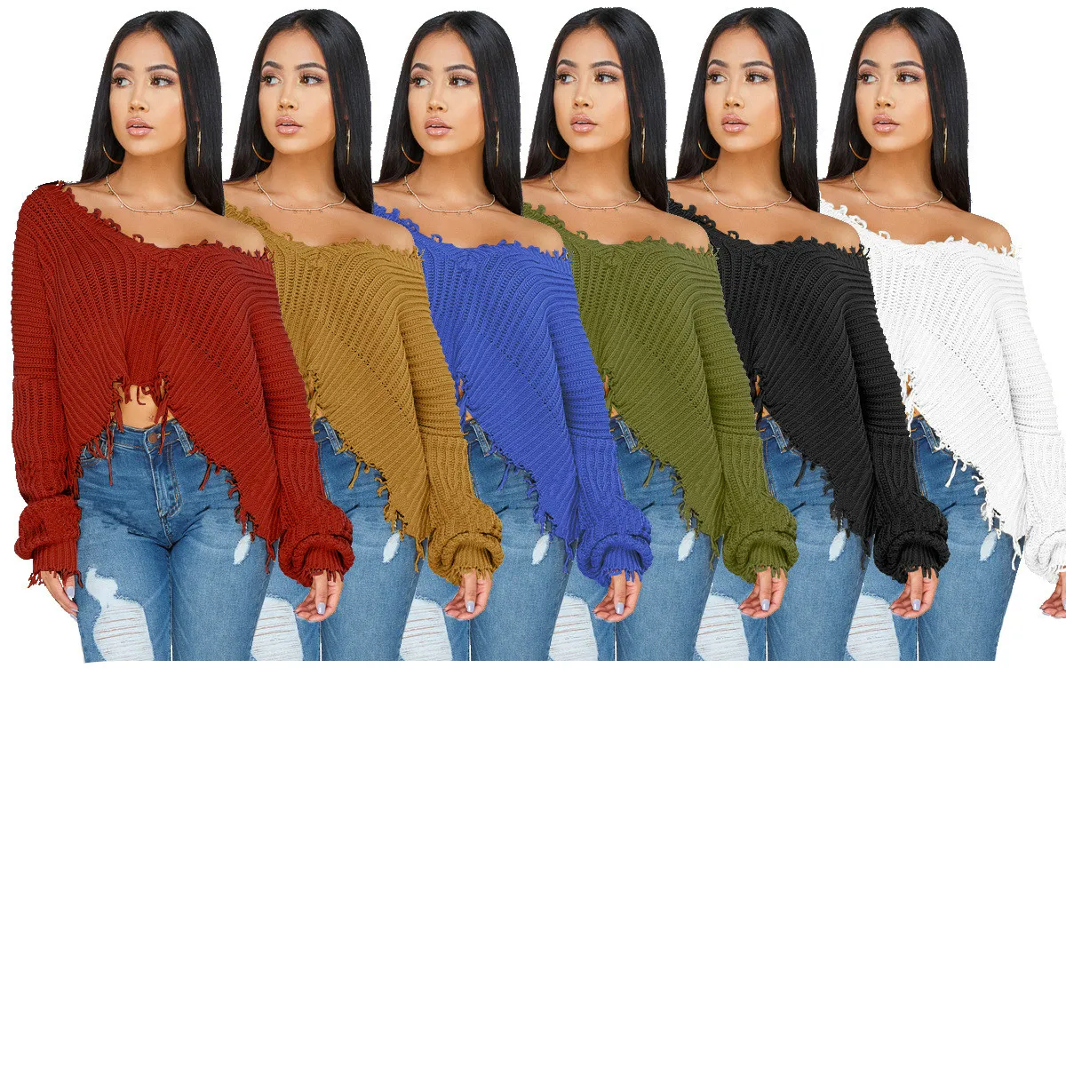 

2020 Summer Woman Sweater Hot Style Model Solid-color Knitted V-neck Tassel Long Sleeves European & American Women All-match Top