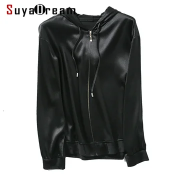 

SuyaDream Women Silk Hoodies 92.1%Silk 7.9%Spandex Solid Black Hooded Zip-up 2020 Spring Summer Outwear
