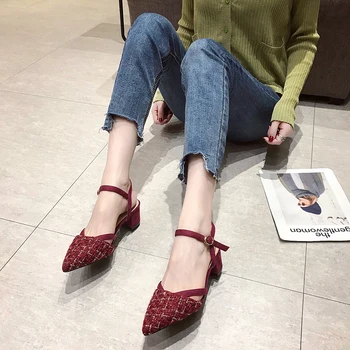 

Lattice Cloth Pointed Toe High Heel Sandals Women Elegant Square Heel Hollow Pumps Women Shoes Summer Closed Toe Sandals 2020