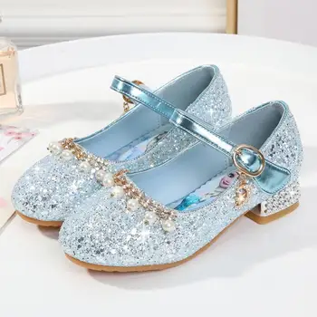 

Little Girls Rhinestone Bow High-Heeled Sandals Princess Dancing Summer Pu Leather Shoe Big Girl Elsa Shoes