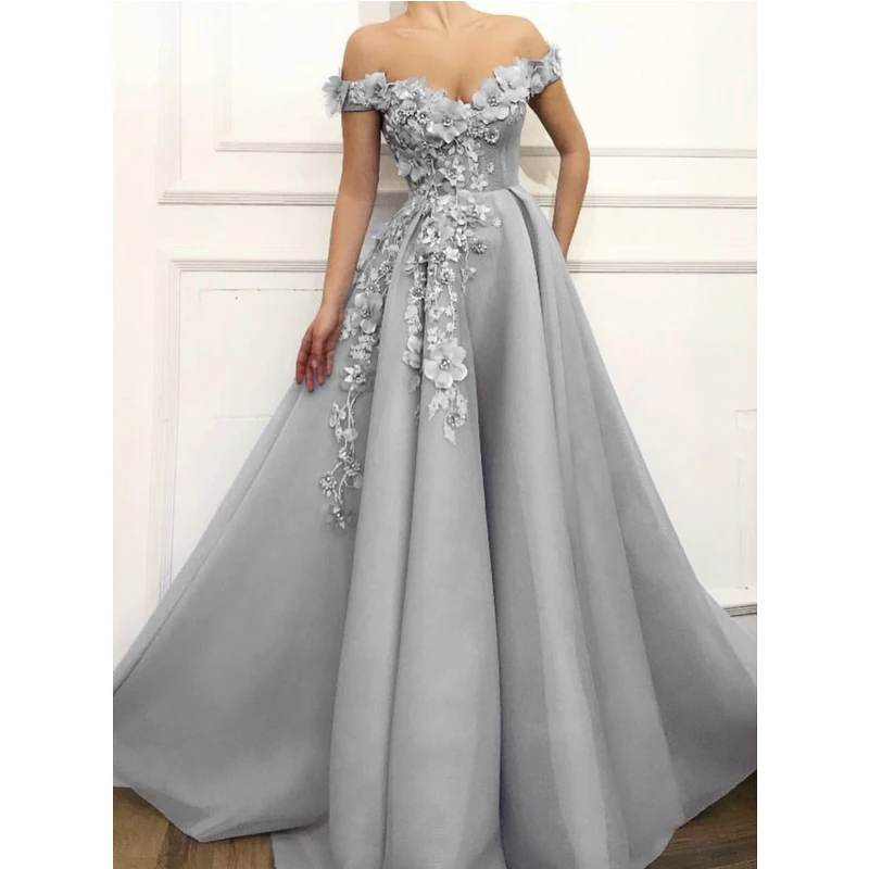 

Elegant Evening Dresses 2019 A-Line Off The Shoulder Handmade Flowers Appliques Dubai Saudi Arabic Long Evening Gown Prom Dress