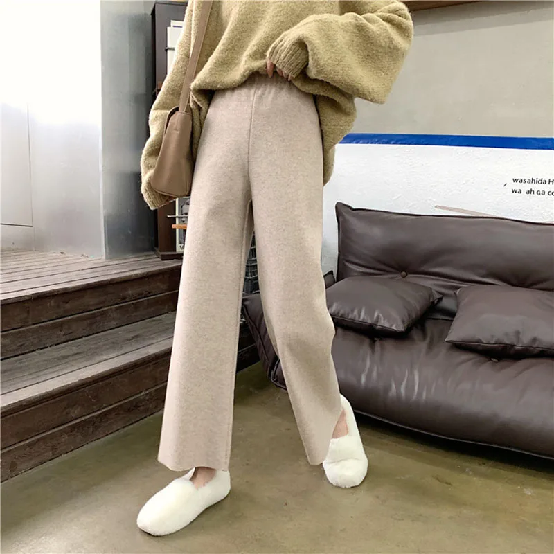 Элегантные корейские Pantalon с эластичной талией, Femme Hiver, теплые, плюс размер, повседневные, свободные, Осенние, широкие, шерстяные штаны, женская верхняя одежда