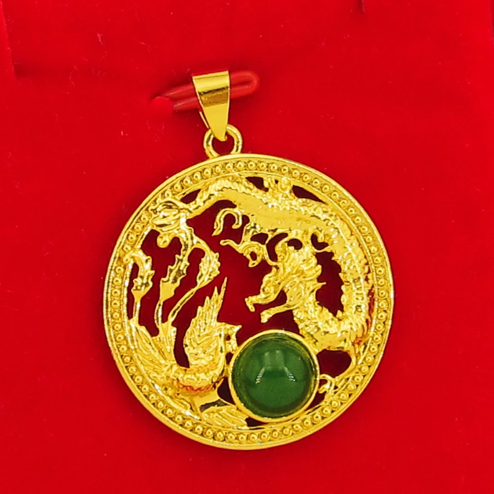 

Circle Round Pendant Chain With Dragon Phoenix Pattern Yellow Gold Filled Classic Jewelry