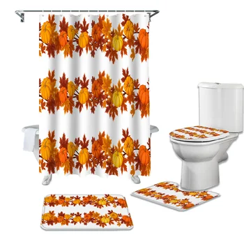 

Autumn Pumpkin Maple Leaf Shower Curtains Set Bath Mat Set Toilet Cover Bathroom Accessories Bathroom Rug Set