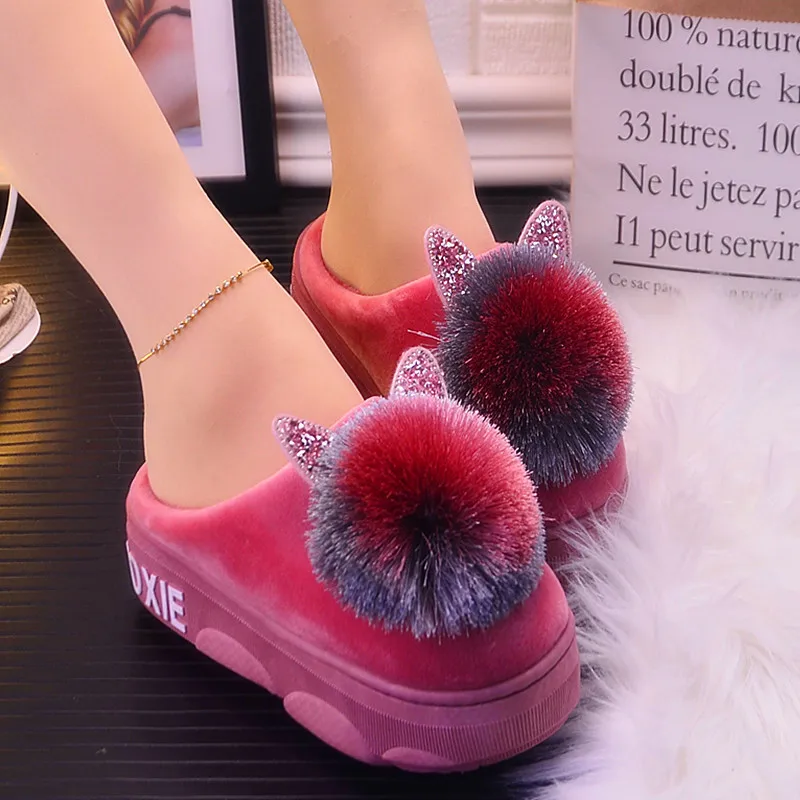 

Increase 6cm cotton slippers winter female cute home indoor comfortable hair slippers warm hair ball high heel cotton slippers