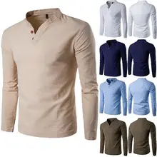 Мужская облегающая деловая льняная Простая рубашка с длинным рукавом, повседневные рубашки, Топ