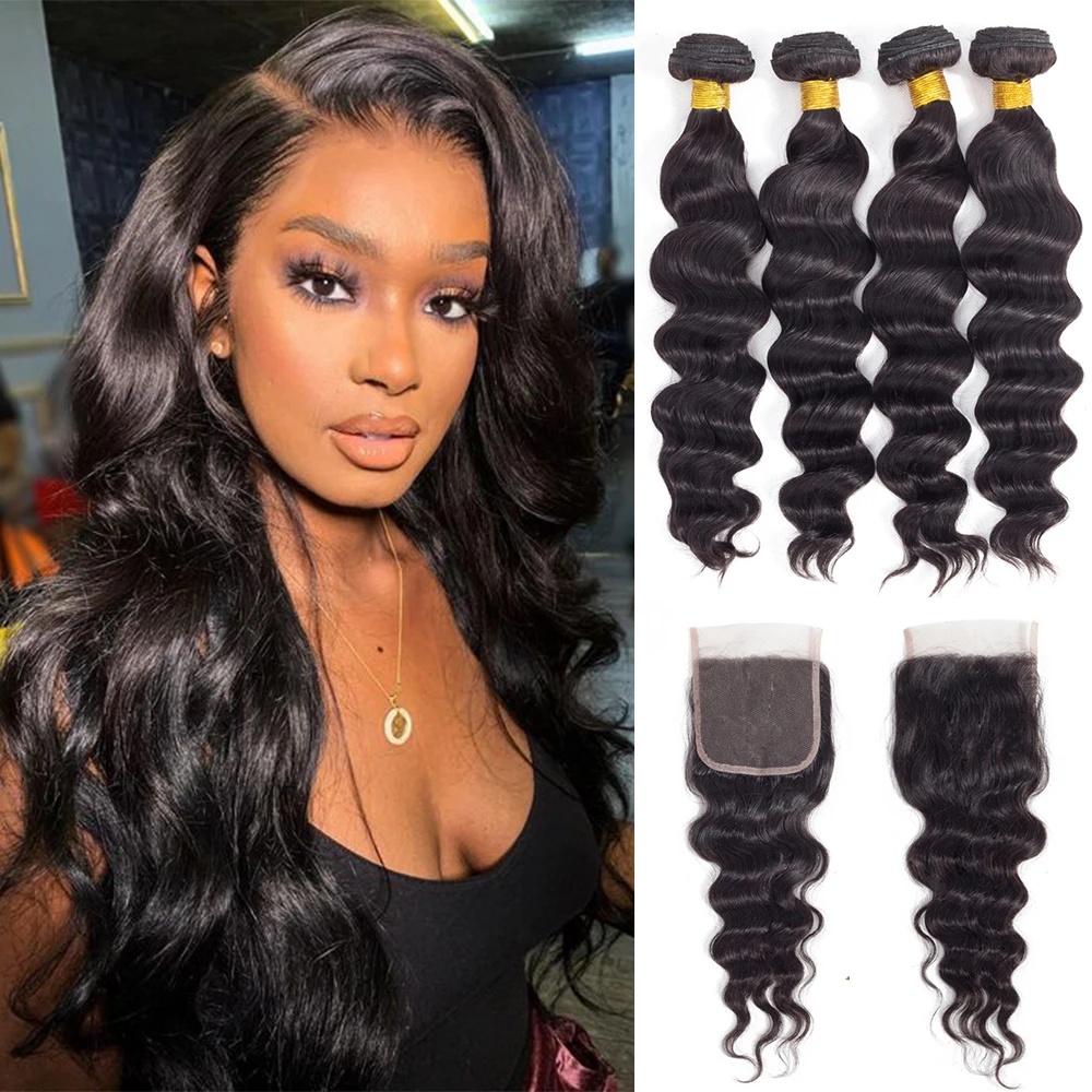 Loose Wave Bundles With Closure Remy Human Hair Bundles With 4x4 Lace