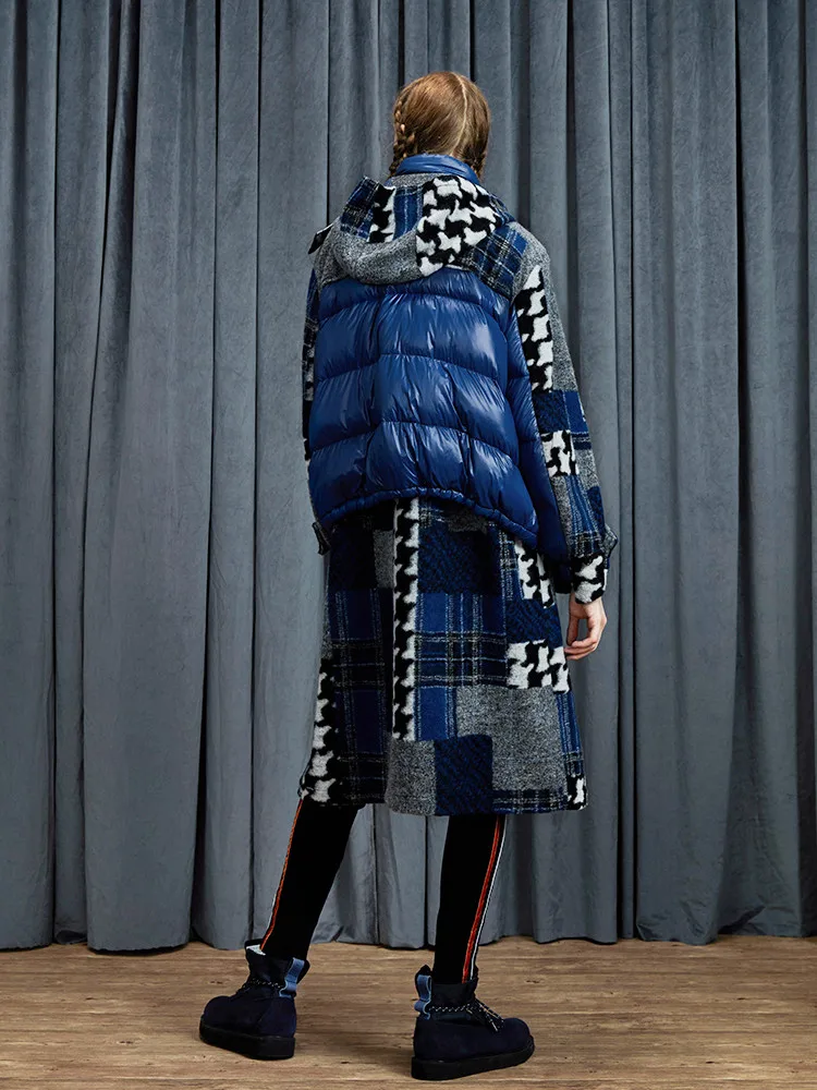 Original Design Winter Women Oversized Hooded Down Coat Thick Warm Fake Two Pieces woolen Patchwork Long White Duck Down Jacket