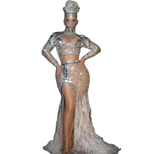 

Sparkling Sequines Perspective Gauze Women Dress Asymmetrical Hollow Out Tight Stretch Split Dress DJ Singer Dance Stage Wear