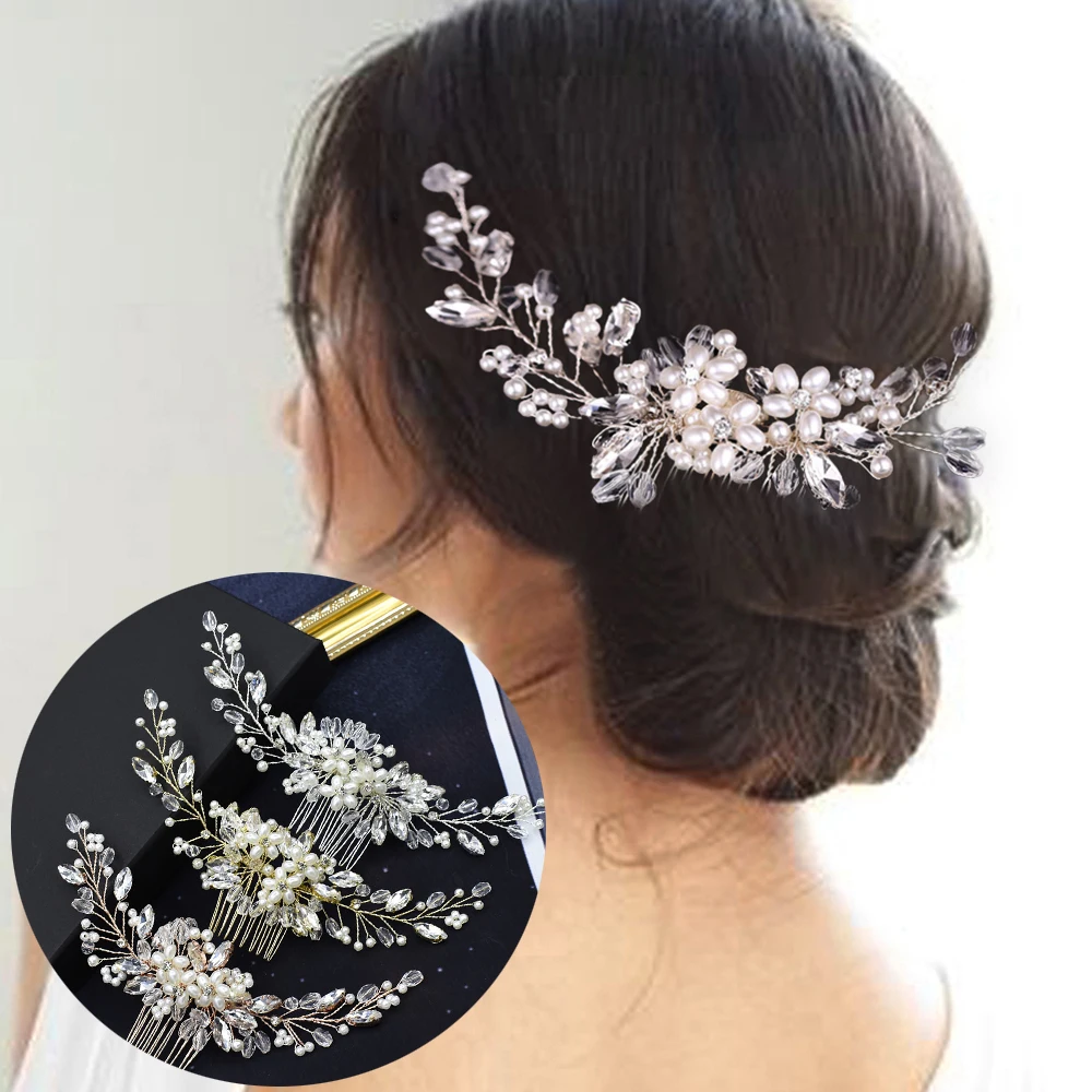Pearl Wedding Comb Head Jewelry Bride Hair Clips Floral Headpiece Crystal Tiaras Bridal