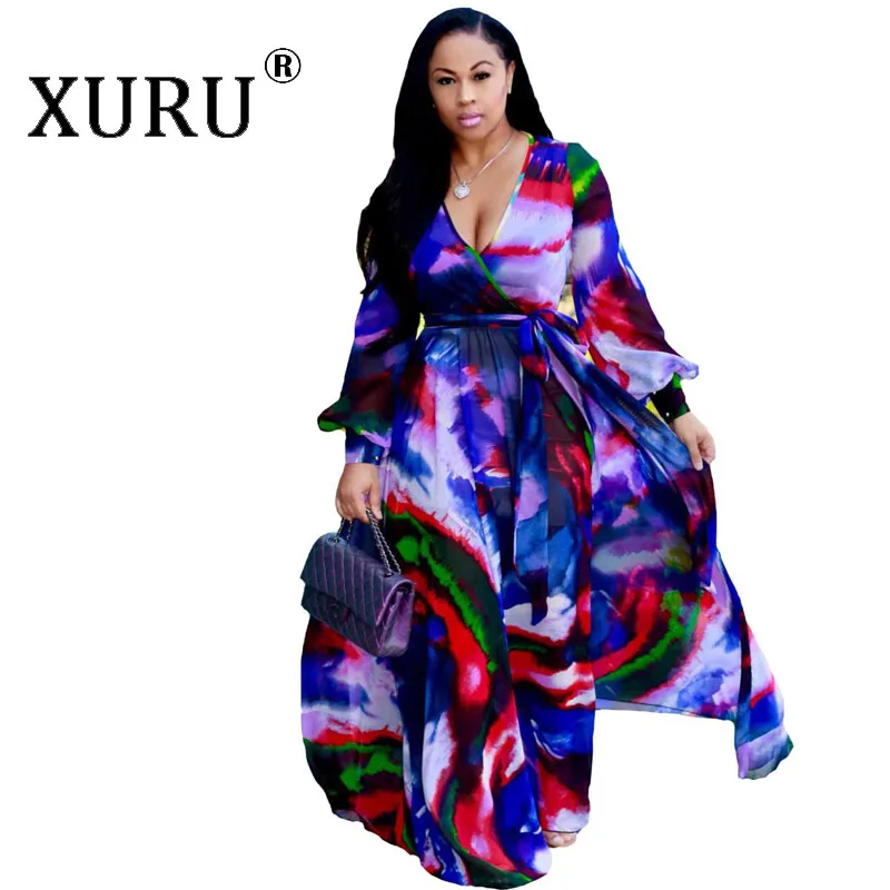 XURU женское длинное платье макси с цветочным принтом, с длинным рукавом, с v-образным вырезом, с поясом, шифоновые платья, повседневное пляжное свободное платье размера плюс S-3XL-5XL - Цвет: Navy blue