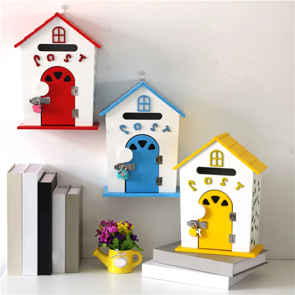 Wooden Retro 3 Colors Mailbox Suggestion Box Lockable Post Letter Newspaper Mailbox Wedding Ornament Garden Decor