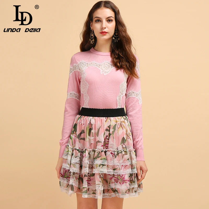 

LD LINDA DELLA Fashion Runway Autumn Casual Suit Women's Lace Splice Knitting Sweaters And Cupcake Mini Skirt Two Pieces Set