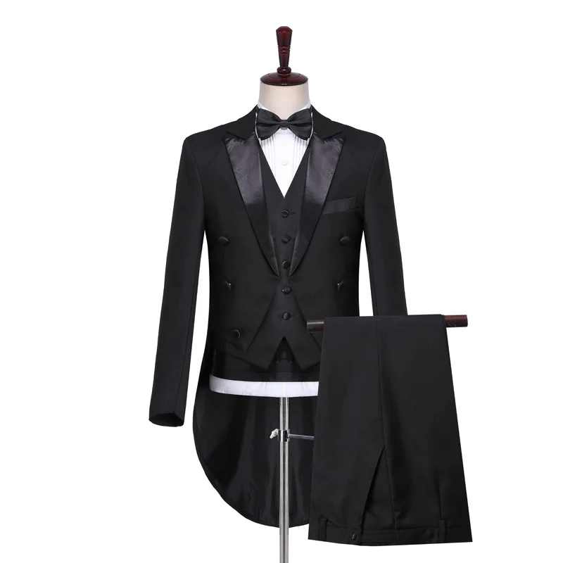 Men Classic 3 Pieces Tailcoat Black White Wedding Tuxedo Groom Suit Business Party Prom Singer Dancer Host Stage Dress mens suit