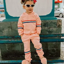 Детские спортивные комплекты в радужную полоску для маленьких девочек; спортивные костюмы; толстовки с капюшоном; Штаны для бега; комплект из 2 предметов; детская одежда для девочек