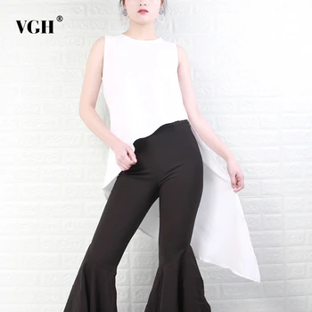 

VGH White Chiffon Asymmetrical Shirts For Women O Neck Sleeveless Irregular Hem Blouses Female 2020 Spring Fashion New Clothing