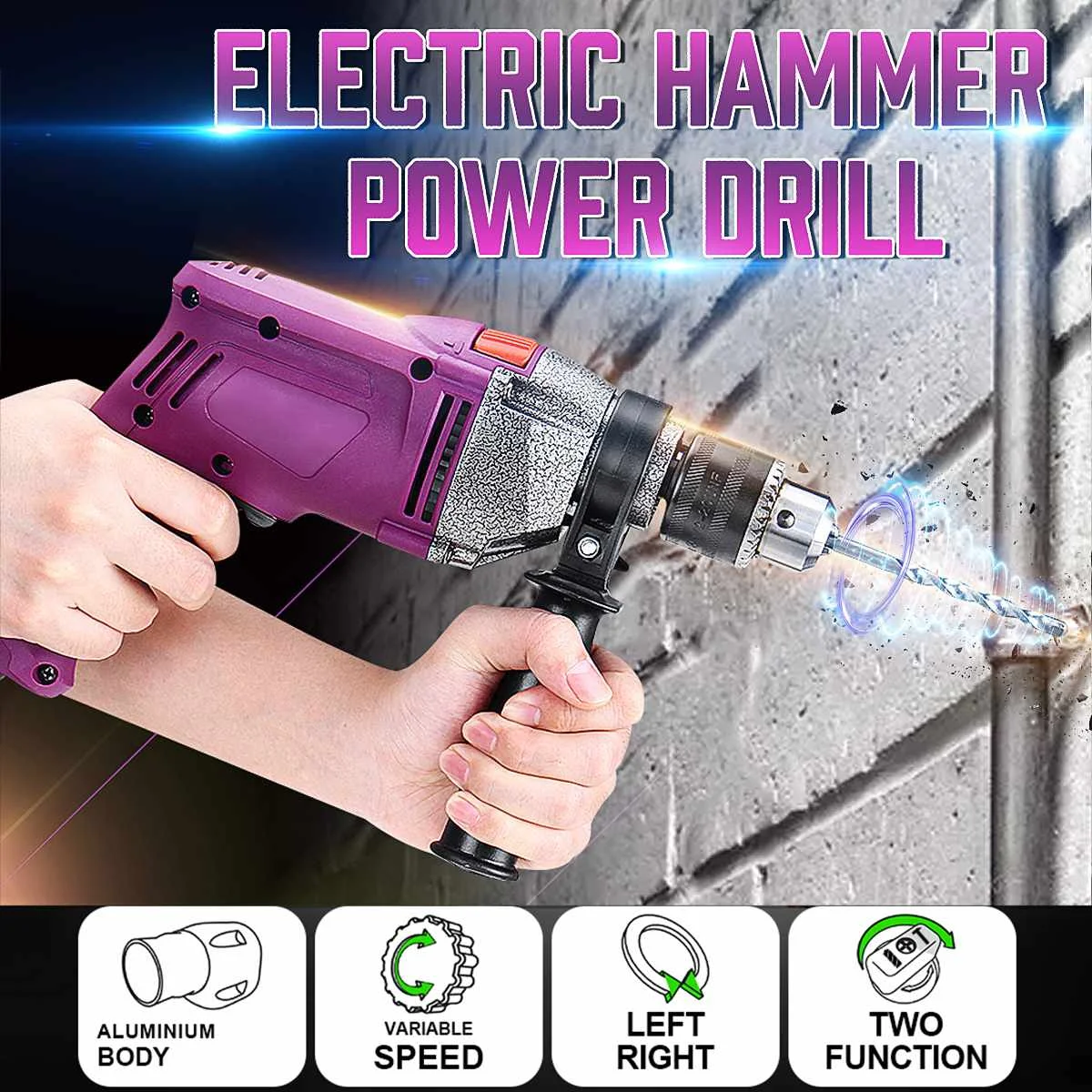 

doersupp 1200W 220V Electric Hammer Drill Variable Speed Heavy Duty Impact Screwdriver 2500rpm Drill Chuck Power Tool Set