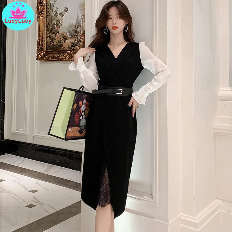 

Women's 2019 autumn new OL professional temperament V-neck chiffon stitching lace bottom dress