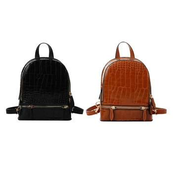 

2x Crocodile Pattern PU Leather Small Backpacks for Women Zipper Mini Back Pack Girls' Shoulder Bag Black & Brown
