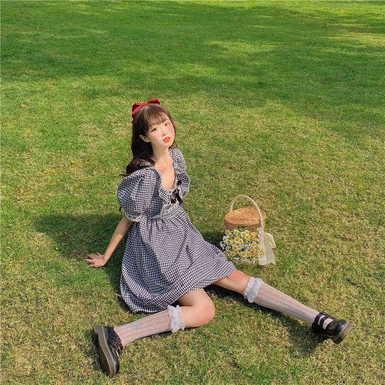 Japanese Summer Sweet Academy Dress Vintage Square Collar Plaid Bow Cute Puff Sleeve Dresses Kawaii Ruffles Girly Loose Dress
