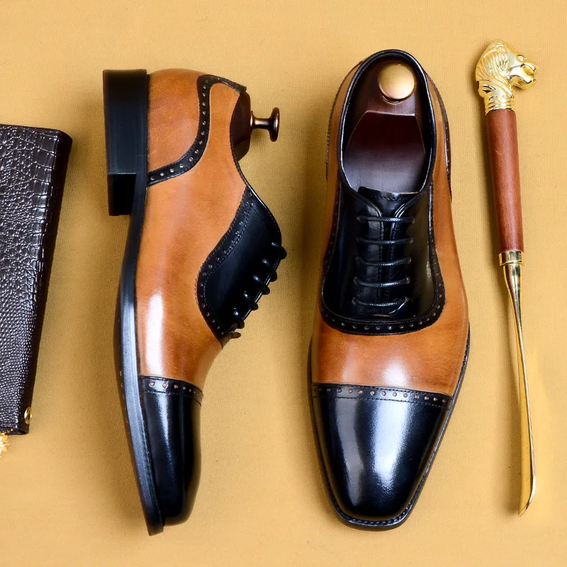 Great2020 Men's Color Matching Business British Lace up Genuine Cowhide