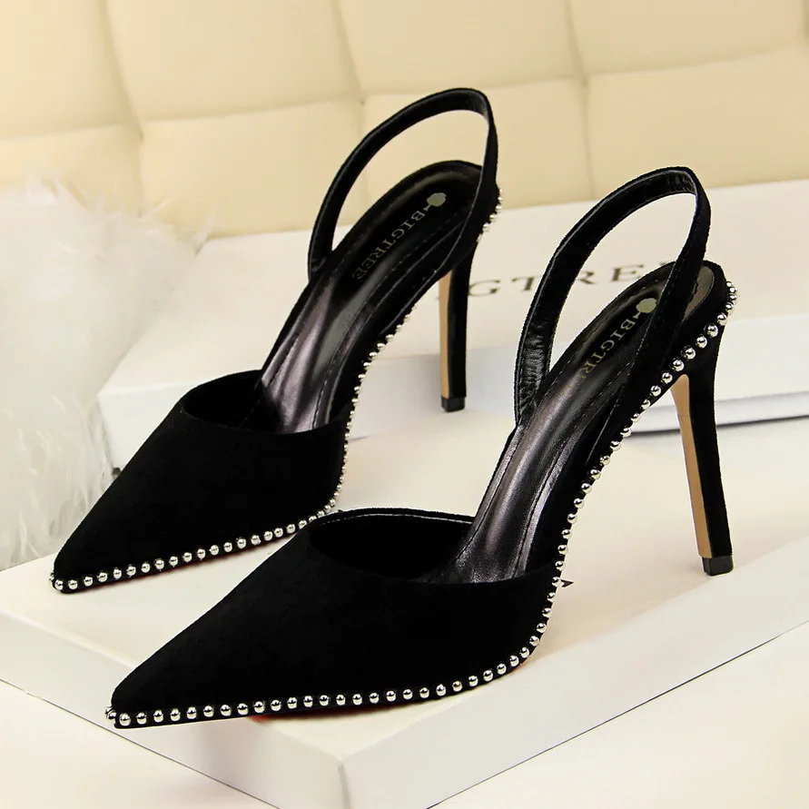 

313-2 Western Style Sexy Nightclub Slimming High-Heel Suede Low-Cut Hollow out Slingback with Rivet Pointed-Toe WOMEN'S Sandals