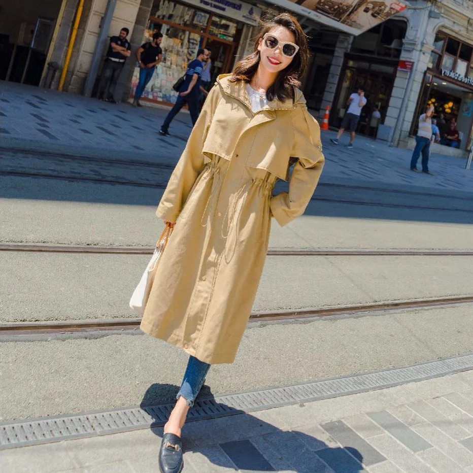 

Photo Shoot CHIC Elegant Drawstring Waist Hugging Hooded Trench Coat Women's Autumn LULU-Style Versatile Khaki over-the-Knee Jac