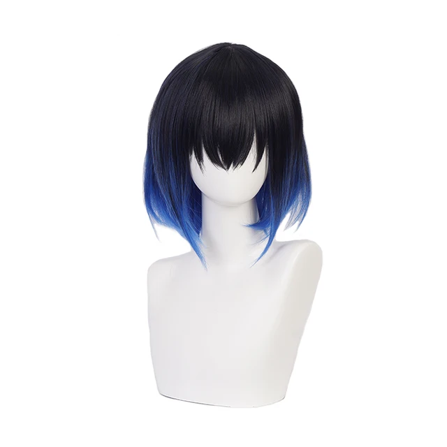 Hashibira Inosuke Short Blue Ombre Wig Demon Slayer Kimetsu no Yaiba Heat Resistant Hair Cosplay Costume Wigs + Free Wig Cap As Shown