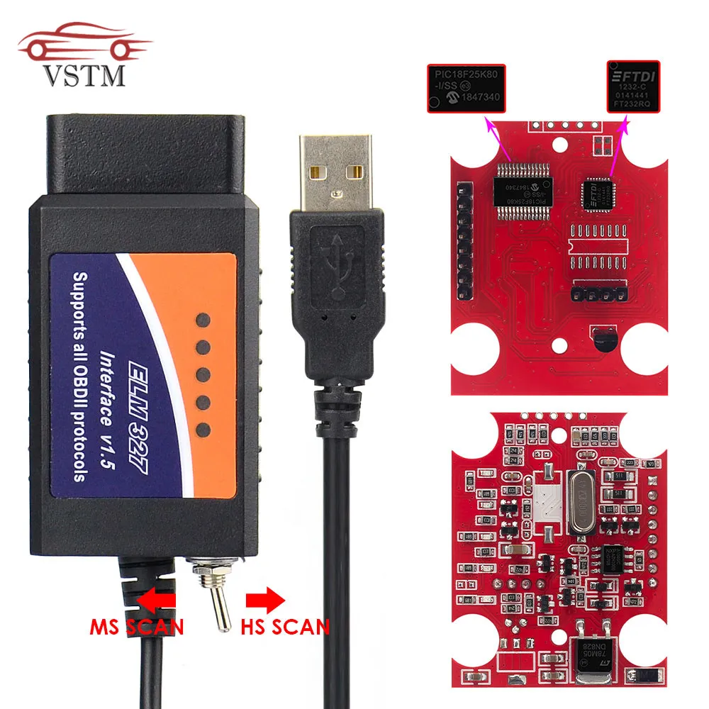 

2019 Original OBD2 ELM327 V1.5 Pic18f25k80 ELM327 USB FTDI chip with switch For Forscan HS CAN/MS CAN Car diagnostic Tool