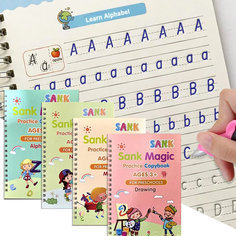 4 Books/Sets of Children's Magic Books, Reusable 3D Calligraphy Copybooks, English Number Lettering Magic Practice Copybooks afbeelding