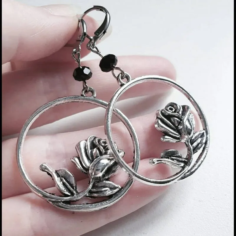 Vintage Plant Leaf Rose Flower Earrings Boho Ethnic Antique Silver