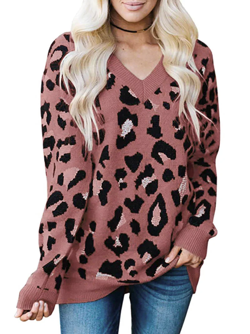 LOGAMI V шеи Леопардовый женский вязаный свитер пуловер с длинными рукавами и свитер женский осенне-зимний джемпер