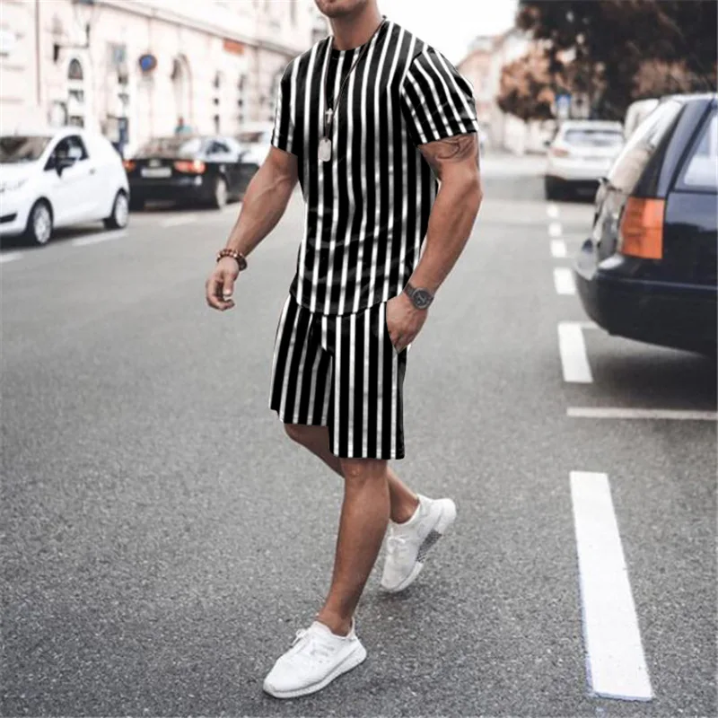 

Summer Relaxed Youth Casual Suit Men's Wear New Fashion l Men's Suit Striped Short-sleeved T-shirt + Elastic Striped