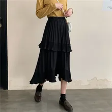 Черный стиль Харадзюку лето и осень сладкий темперамент оборками Длинные юбки модный бренд Женская одежда Высокая талия юбка