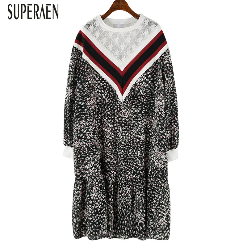 

SuperAen Pluz Size Fashion Women Dress Autumn New 2019 Lace Stitching Ladies Dress Long Sleeve Print Women Clothing