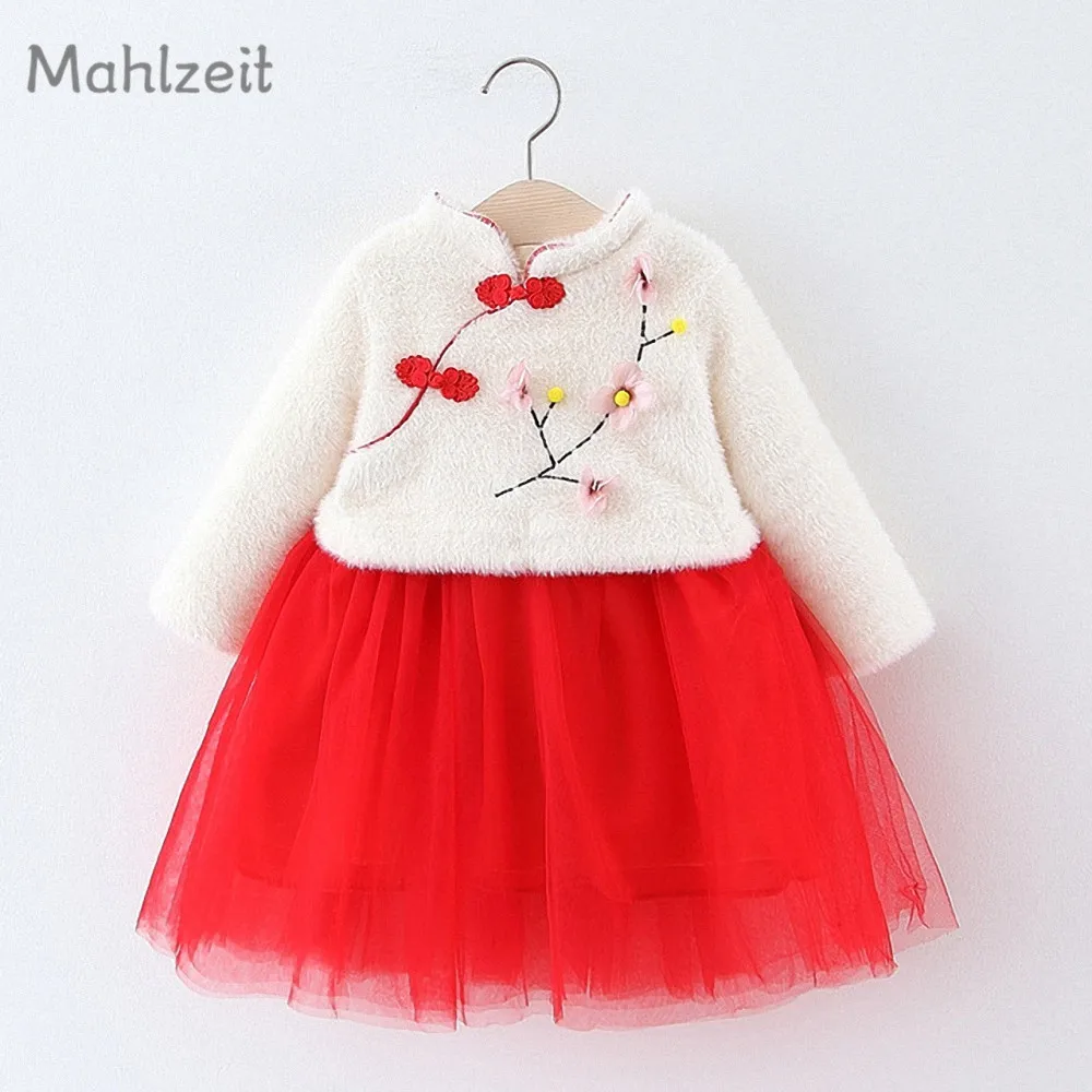 Осенне-зимнее теплое платье принцессы для маленьких девочек; Традиционное китайское платье для От 1 до 4 лет; утепленная одежда Ципао для маленьких девочек