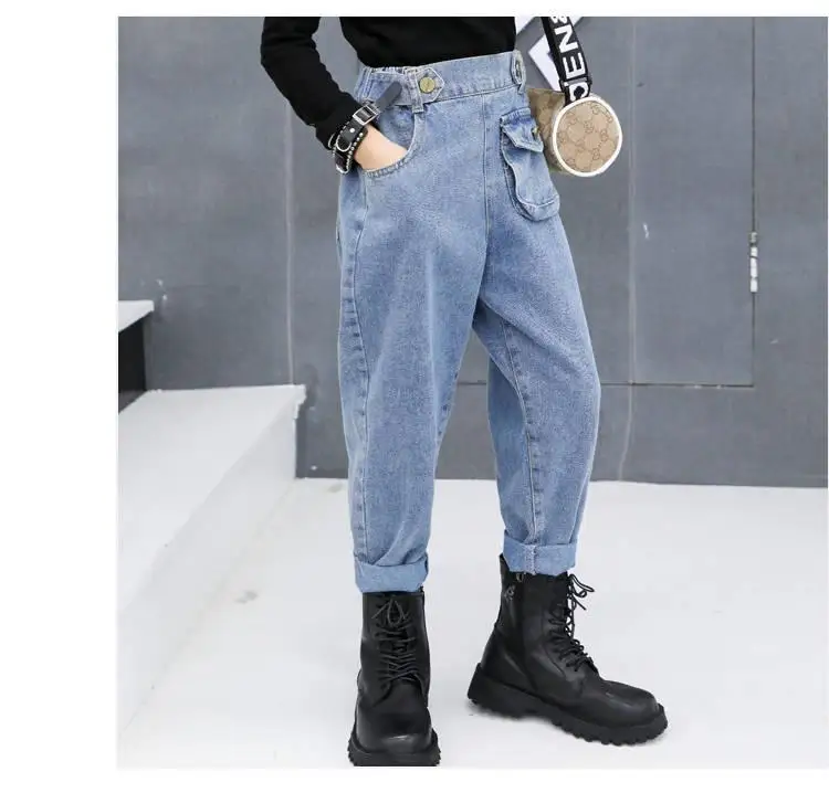 Г. Осень-зима, новые модные бархатные джинсы для девочек-подростков Детские флисовые утолщенные теплые джинсы с высокой талией, брюки K145
