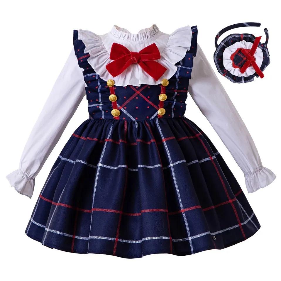 

Pettigirl Christmas Dress Blue Grid Suspender Girl Dress+Blouse+Headband With Bow Girls Clothing Kid Winter Dress